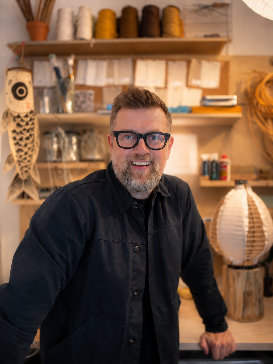 Jimmi Haaland i sit atelier med sin papirfisk og håndlavede lamper